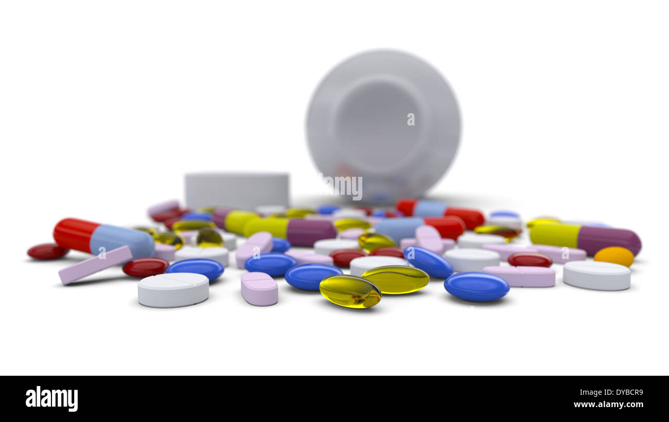 Pillole colorate spillato dal flacone bianco su sfondo bianco Foto Stock