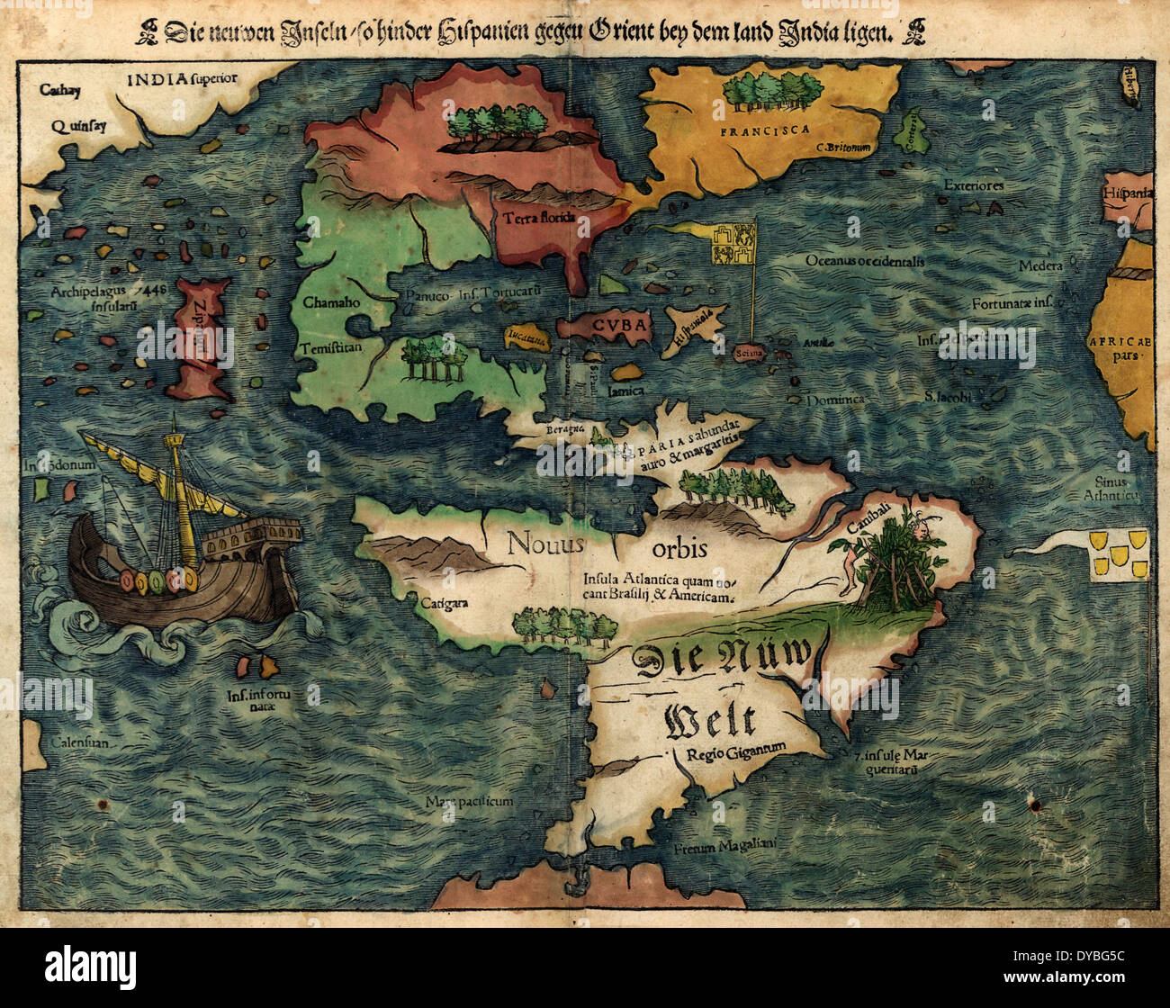 Mappa del Mondo Nuovo, 1550 Die neuwen isole, in modo da ostacolare Hispanien gegen Orient bey dem paese India ligen. Münster, Sebastian 1550 Foto Stock
