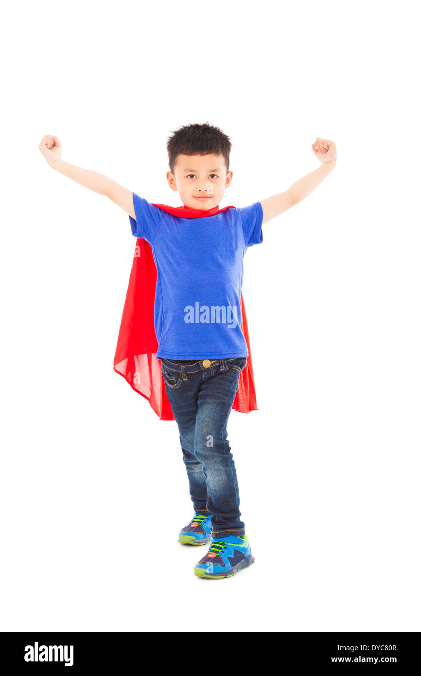 Il supereroe kid aprire le braccia e piedi Foto Stock