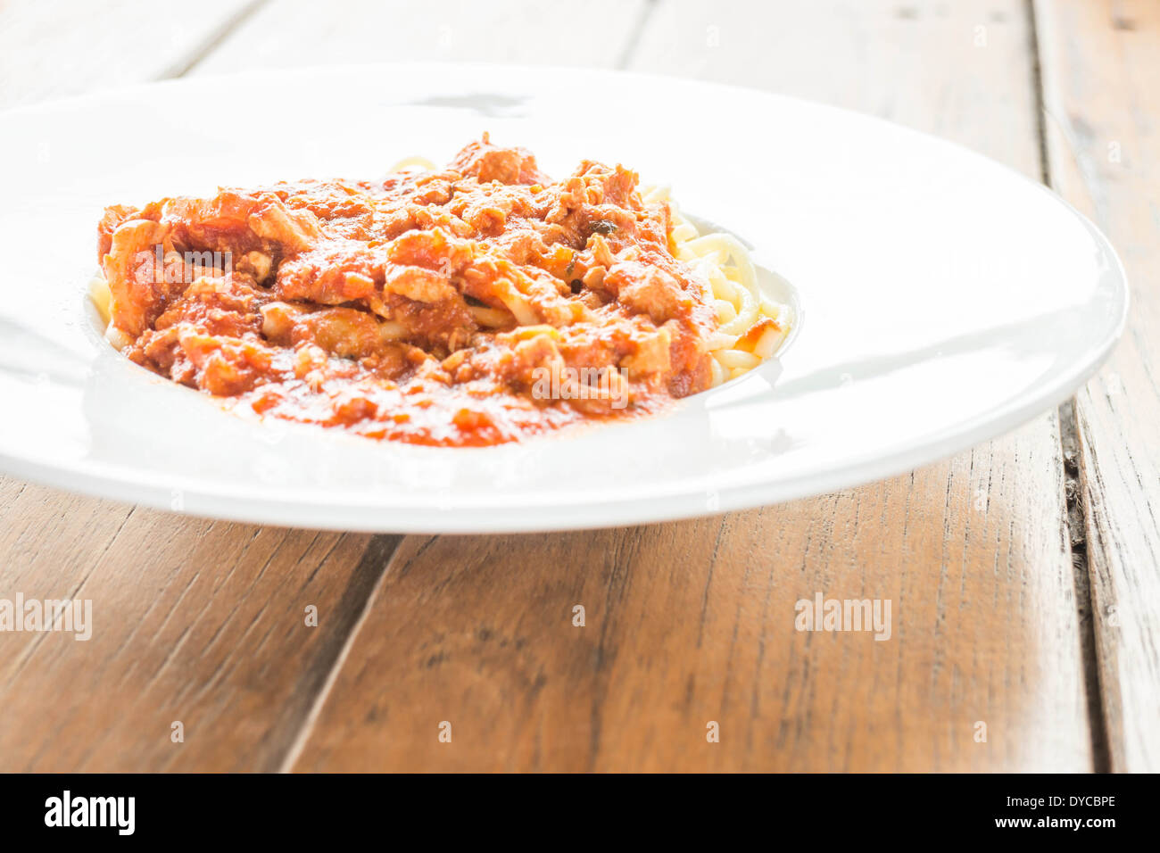 Piatto pronto di pasta di pomodoro sugo di maiale, stock photo Foto Stock