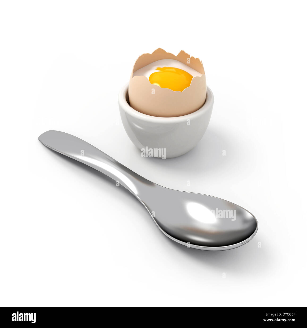 Colazione di pasqua aprire soft-uova sode con acciaio inossidabile cucchiaino nella parte anteriore su sfondo bianco - fotorealistic render Foto Stock