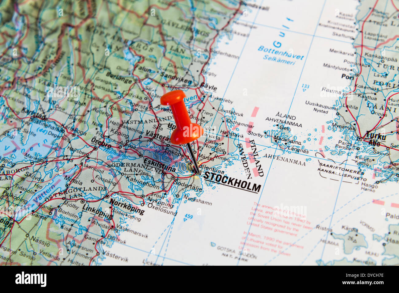 Mappa rosso pin puntando sulla mappa della città di Stolkholm. Foto Stock
