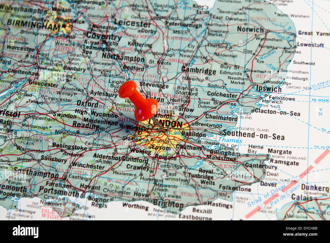 Mappa rosso pin puntando sulla mappa della città di Londra. Foto Stock