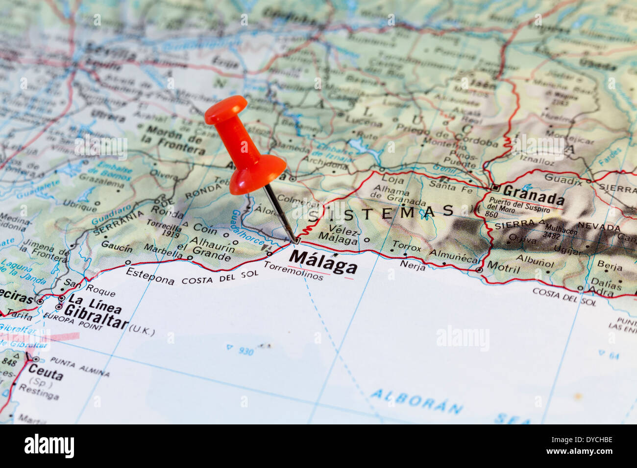 Mappa rosso pin puntando sulla mappa della città di Malaga. Foto Stock