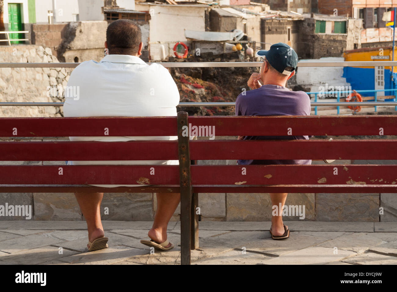 Vista posteriore dell'uomo obeso e dell'uomo sottile seduto sulla panca. Foto Stock