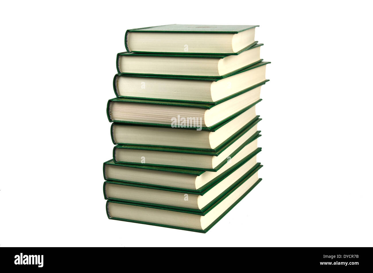 Pila di libri con i coperchi di colore verde in uno sfondo bianco Foto Stock
