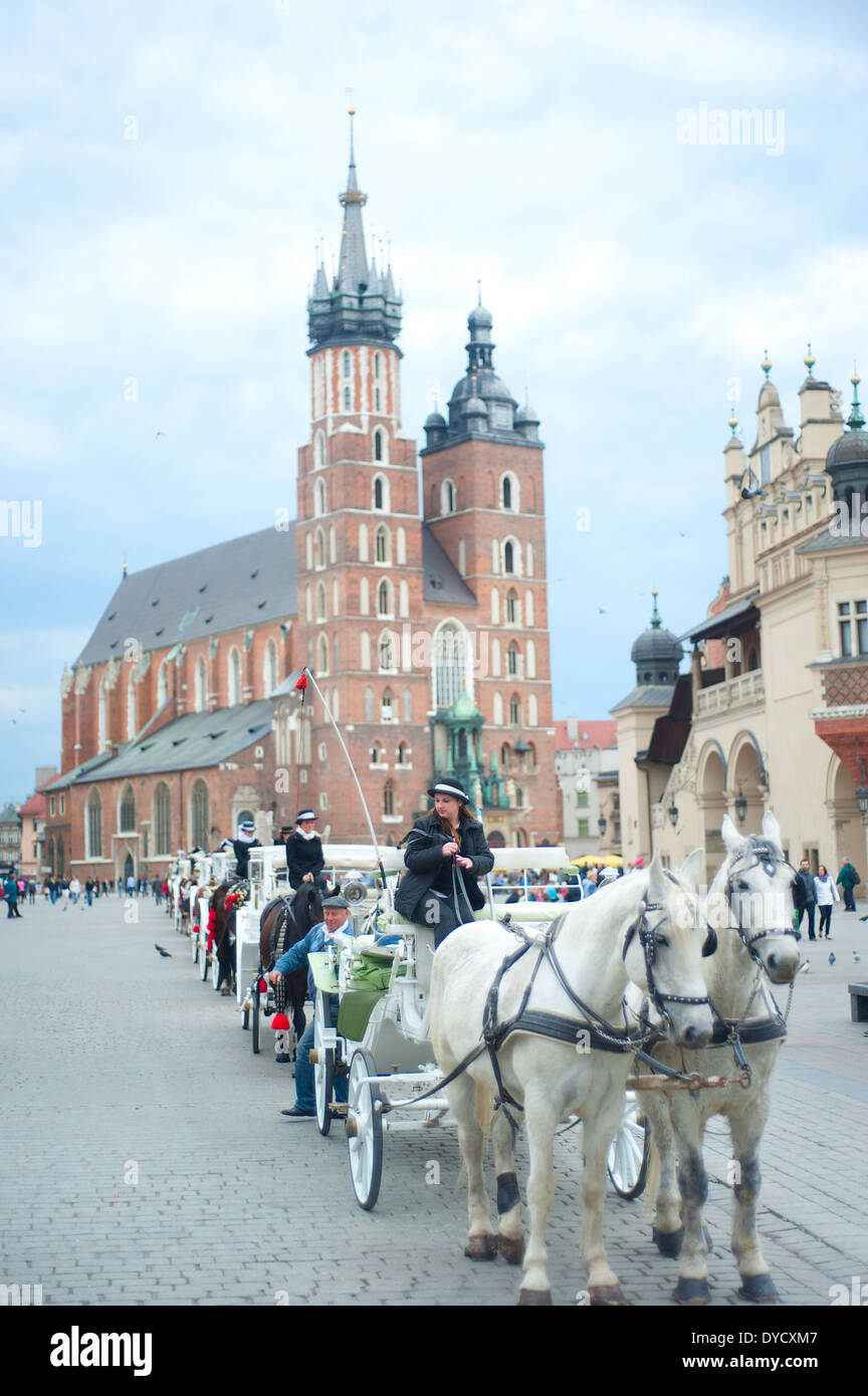 Il trasporto di cavalli e di attendere per i turisti in una piazza del Mercato di Cracovia. L'UNESCO ha arruolato, Cracovia è la principale destinazione turistica mi Foto Stock