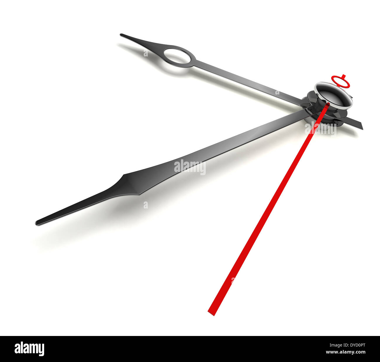 Lancette di orologio cromato e rosso su sfondo bianco Foto Stock