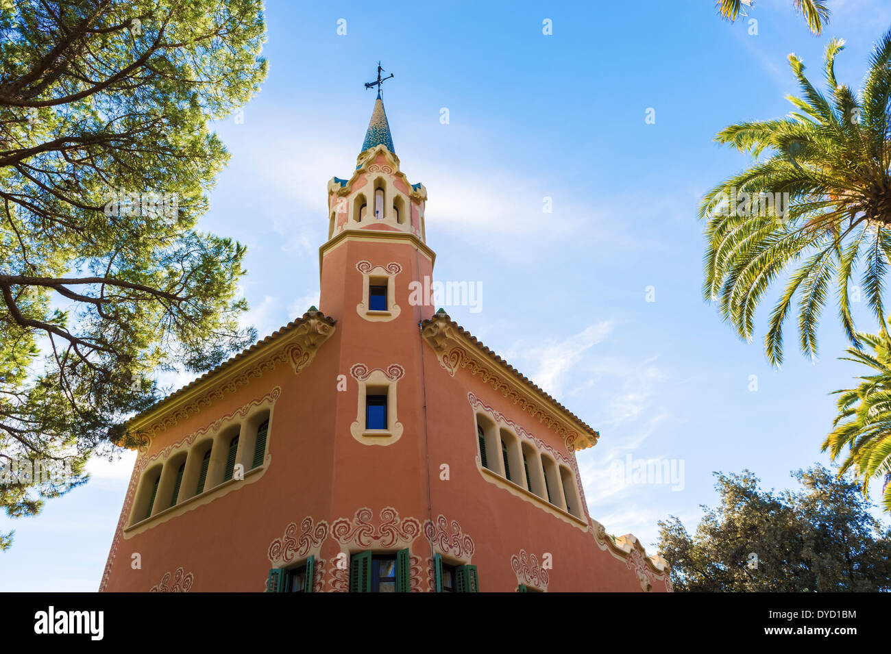 Antonio Gaudi Casa nel Parco Guell di Barcellona, Spagna Foto Stock