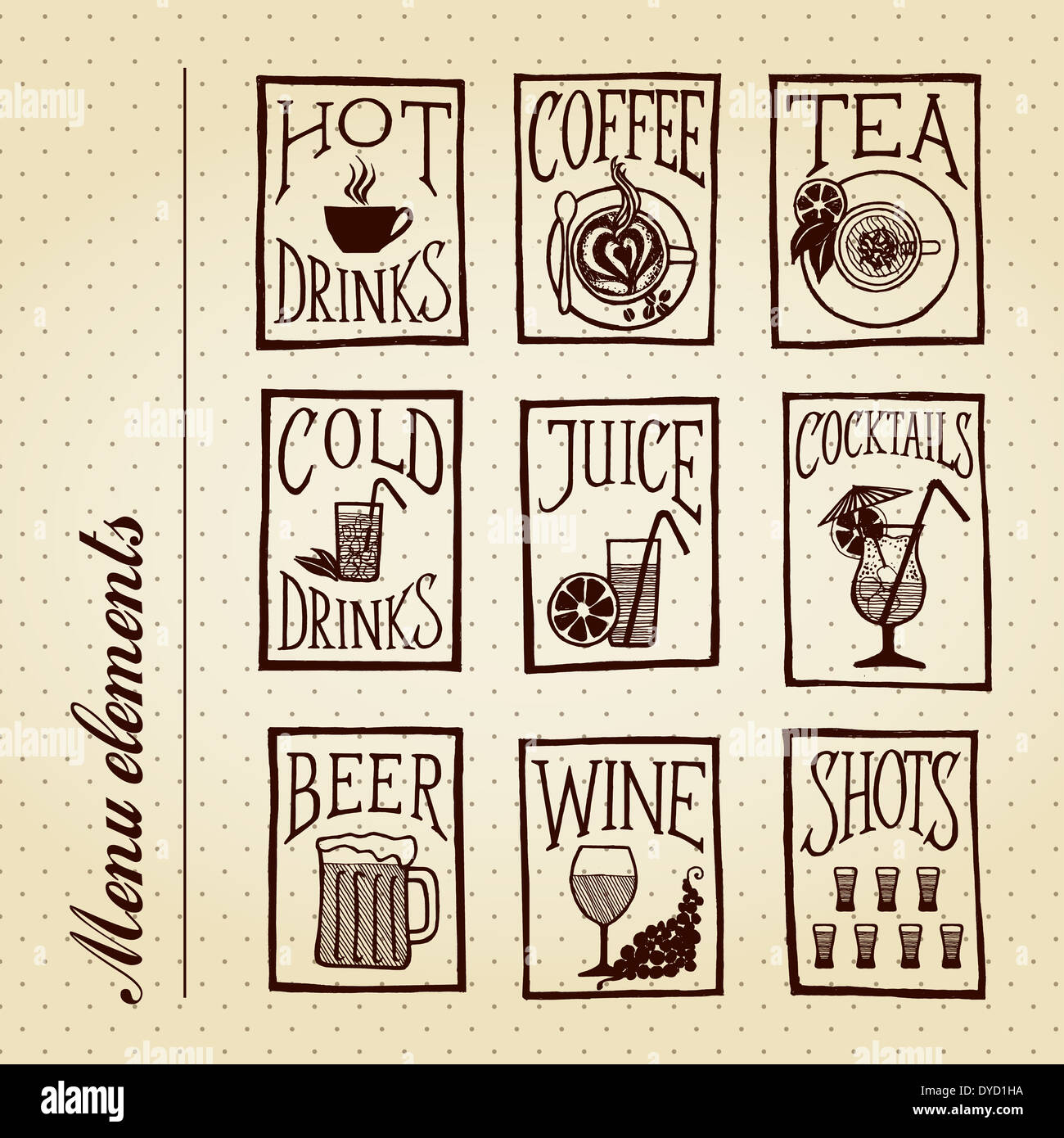 Menu di bevande - elementi in stile retrò disegnati a mano set di icone su sfondo vintage Foto Stock