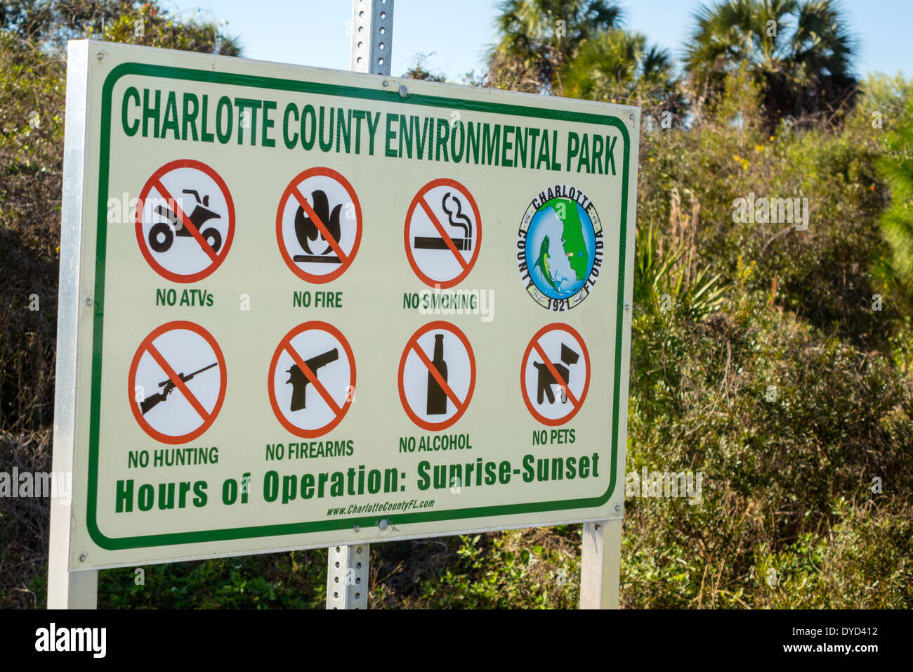 Florida Port Charlotte Harbour, Placida, Charlotte County Environmental Park, segno, logo, regole, regolamenti, visitatori viaggio turismo turistico viaggio l Foto Stock