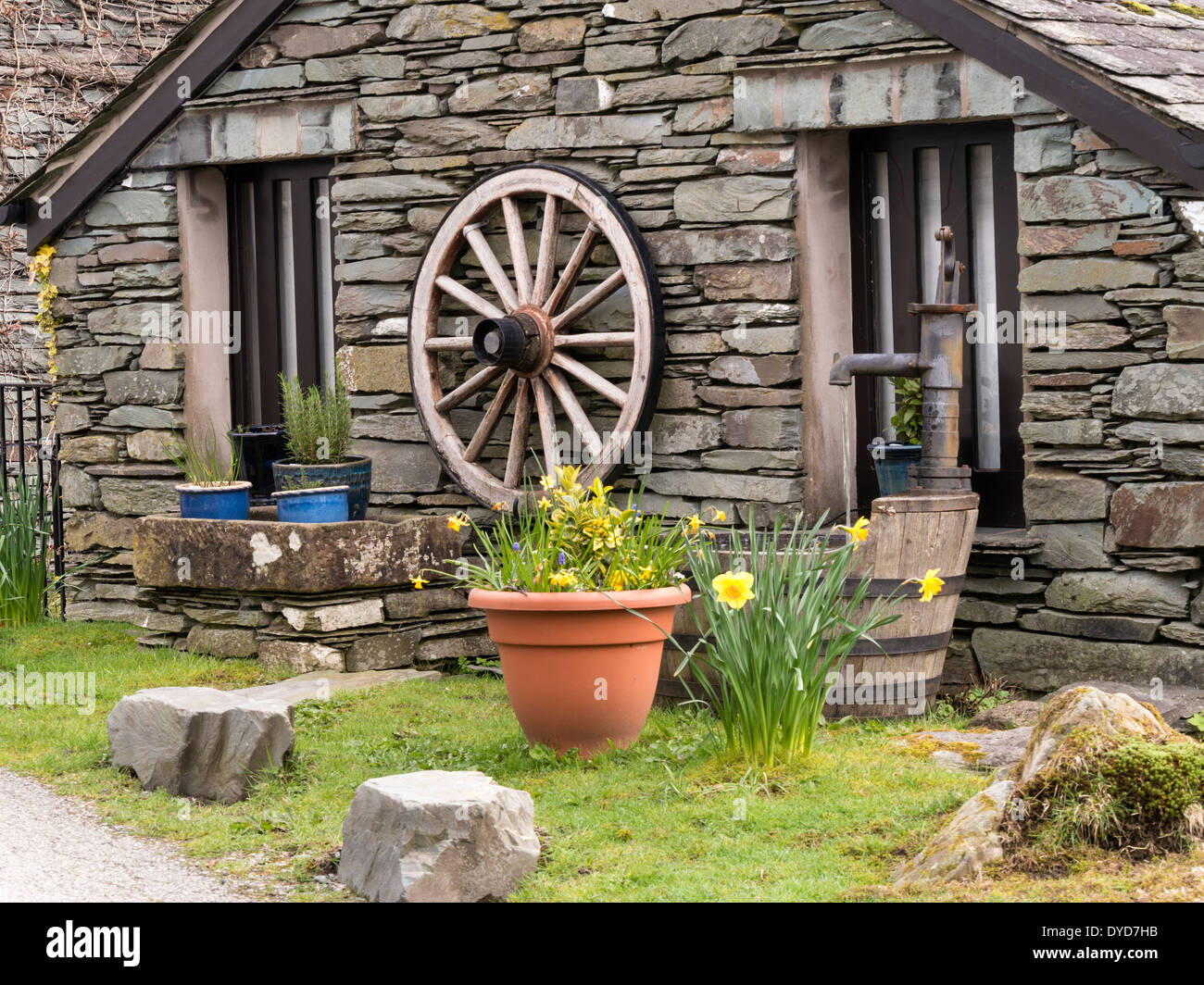 Vecchio cottage tradizionale in ardesia con parete a secco, Elterwater, English Lake District Cumbria, Inghilterra, Regno Unito Foto Stock