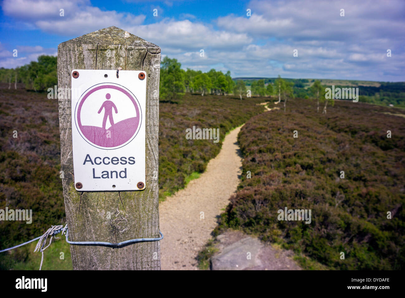 Parco Nazionale di Peak District, Derbyshire, accesso segno di Terra sul post con il sentiero Foto Stock