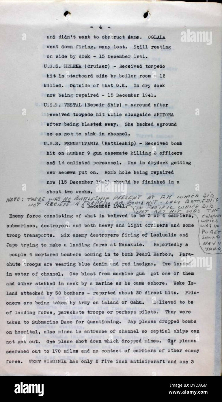 Questo dispaccio del 7 dicembre 1942 racconta il devastante attacco a Pearl Harbor durante la seconda guerra mondiale, segnando un momento cruciale nella storia militare degli Stati Uniti. Foto Stock