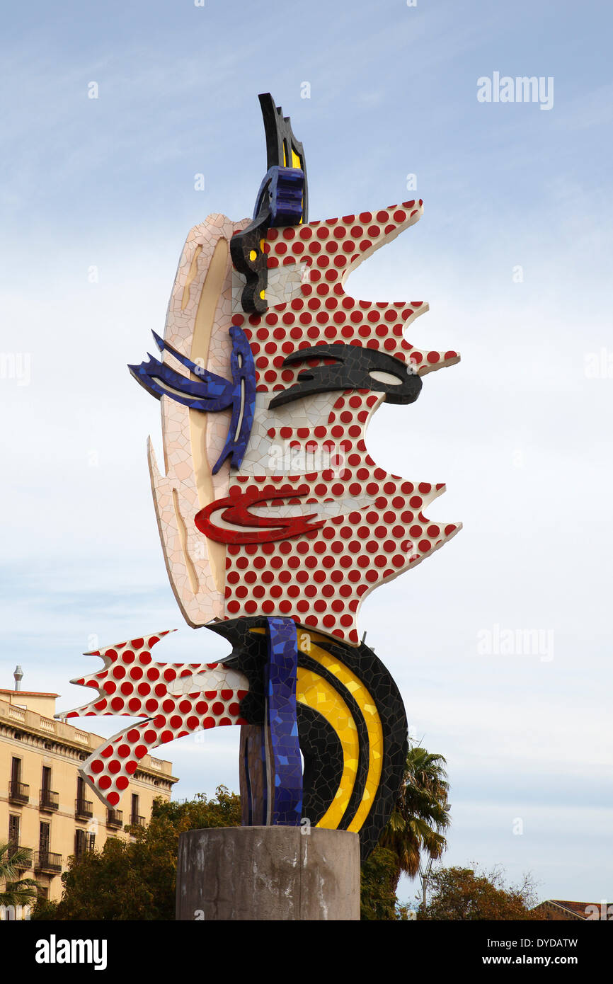 Pop arte scultura 'El Cap de Barcelona', Testa ​​Barcelona dall artista Roy Lichtenstein, Barcellona, ​​Catalonia, Spagna Foto Stock