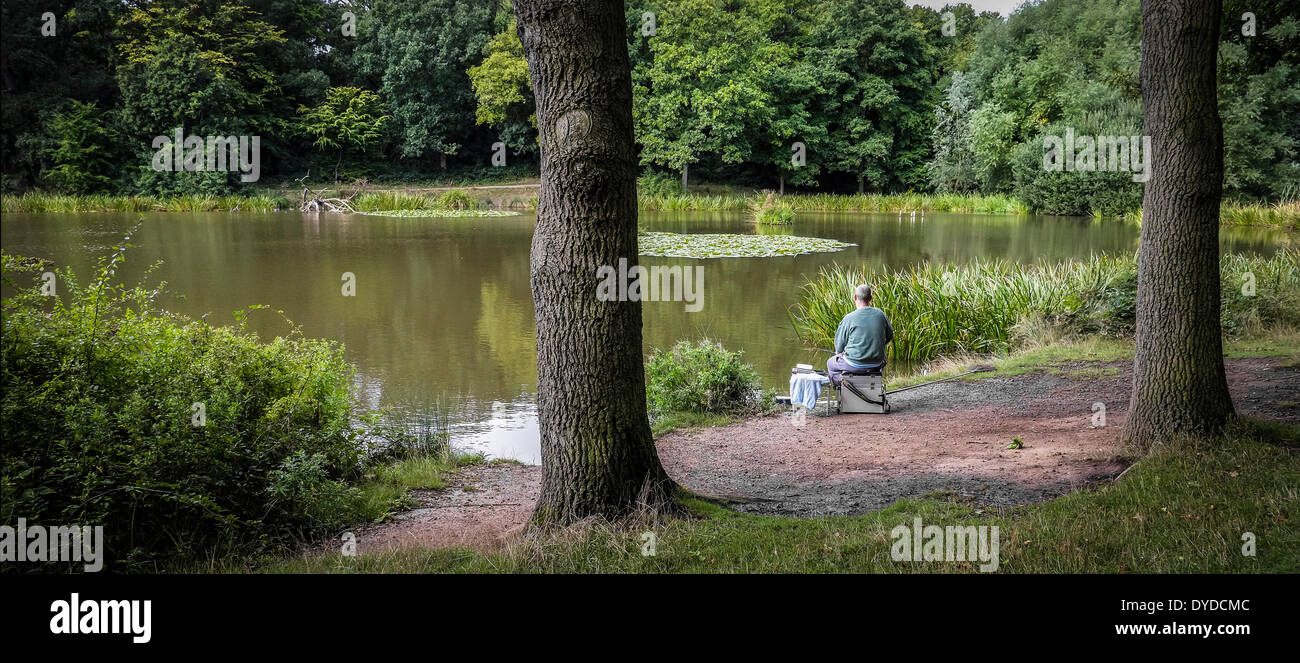 Un pescatore che pesca in Old Hall stagno a Thorndon Country Park in Essex. Foto Stock