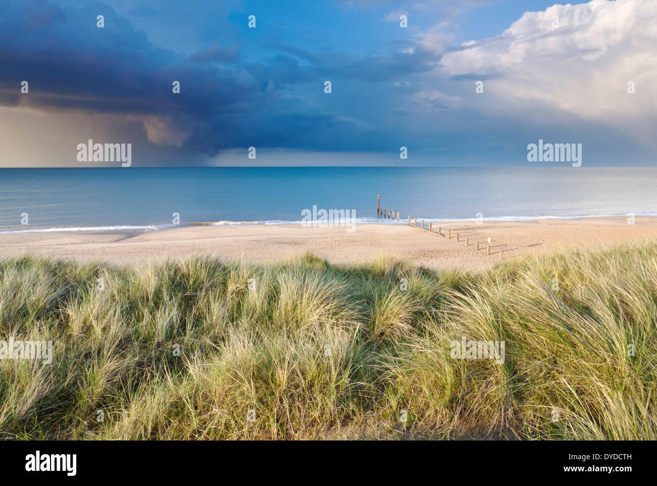 Le dune di sabbia a Horsey e una spettacolare tempesta di estate fuori in mare. Foto Stock