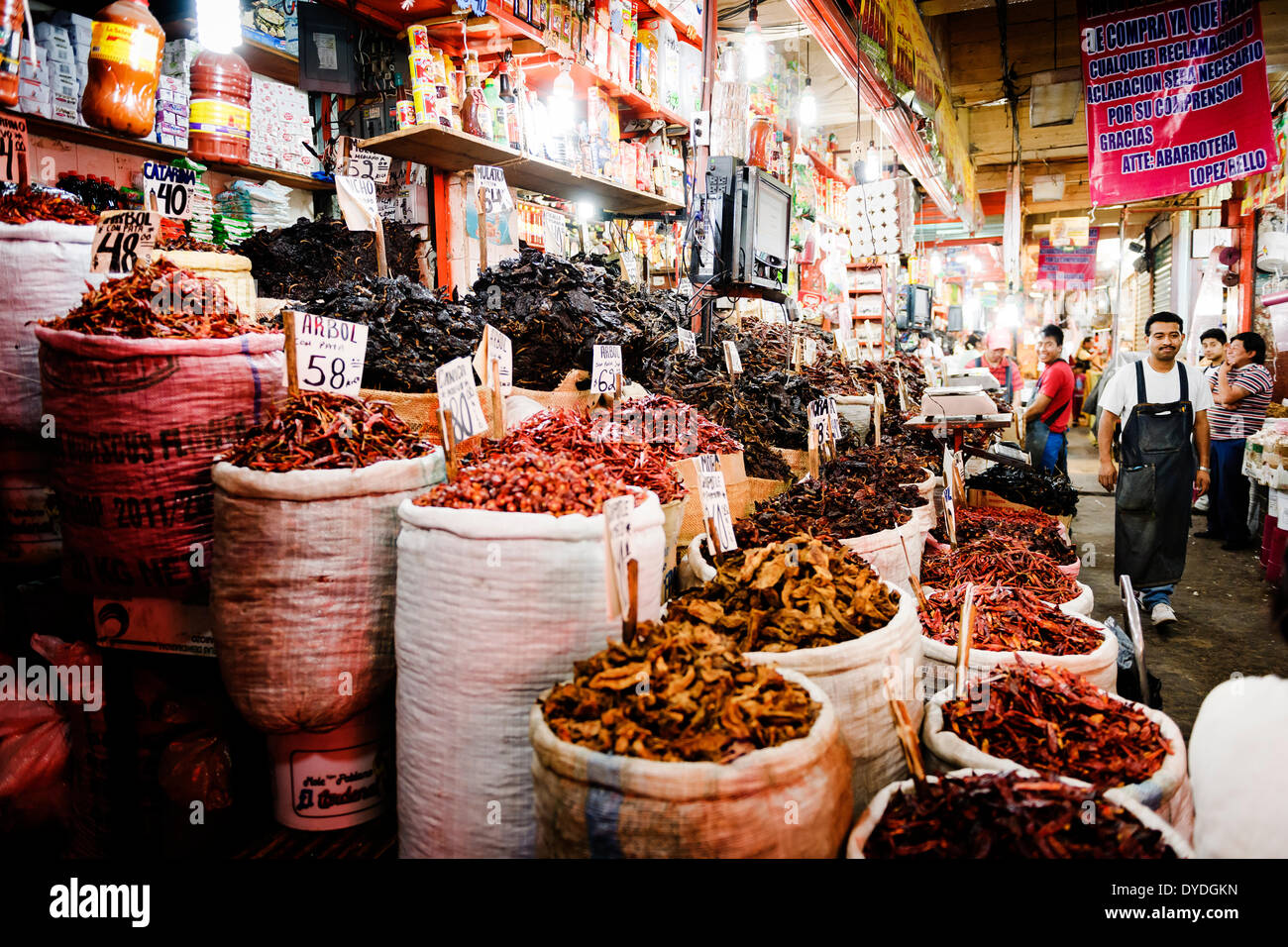 Uno stallo specializzato in peperoncini essiccati al Mercado de la Merced a Città del Messico. Foto Stock