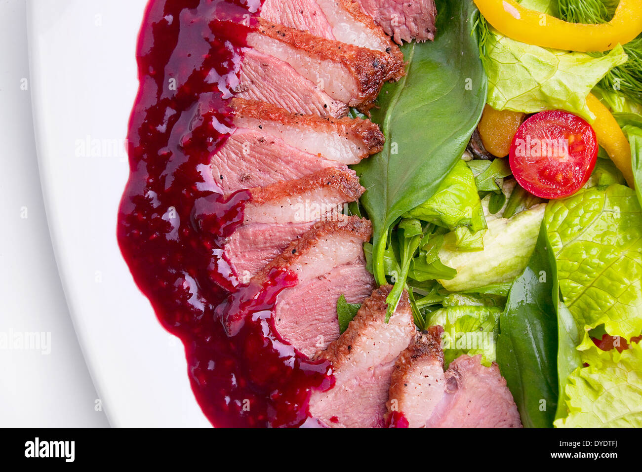 Anatra fetta di carne con salsa di pomodoro e verdure Foto Stock