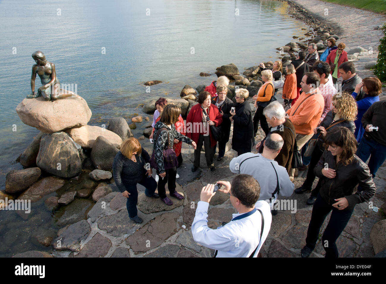 I turisti dalla piccola sirenetta di Copenaghen. La statua è diventata il simbolo della Danimarca Foto Stock