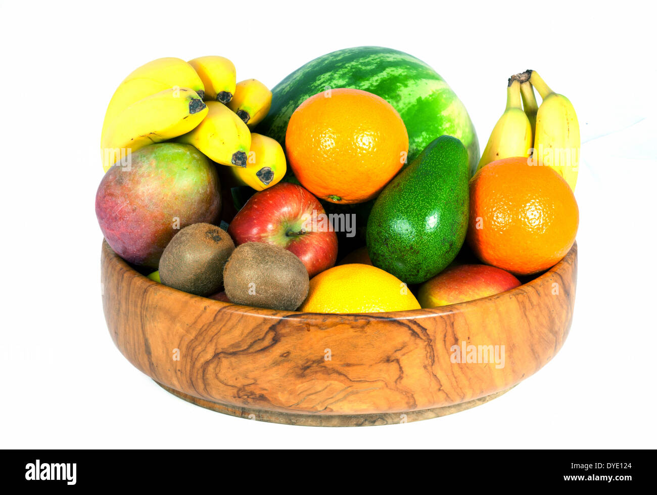 Ciotola di cutout di frutta su uno sfondo bianco, concetto - salute, alimentazione di salute, uno di cinque al giorno; Regno Unito Foto Stock