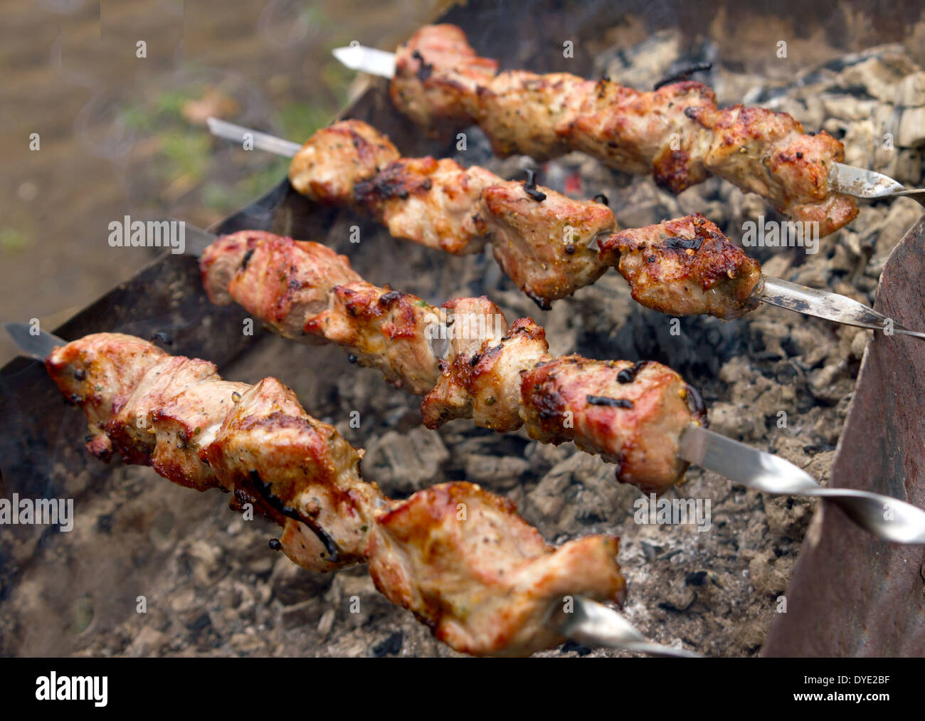 Barbecue gustoso alimento carne di maiale sulle ceneri all'aperto Foto Stock