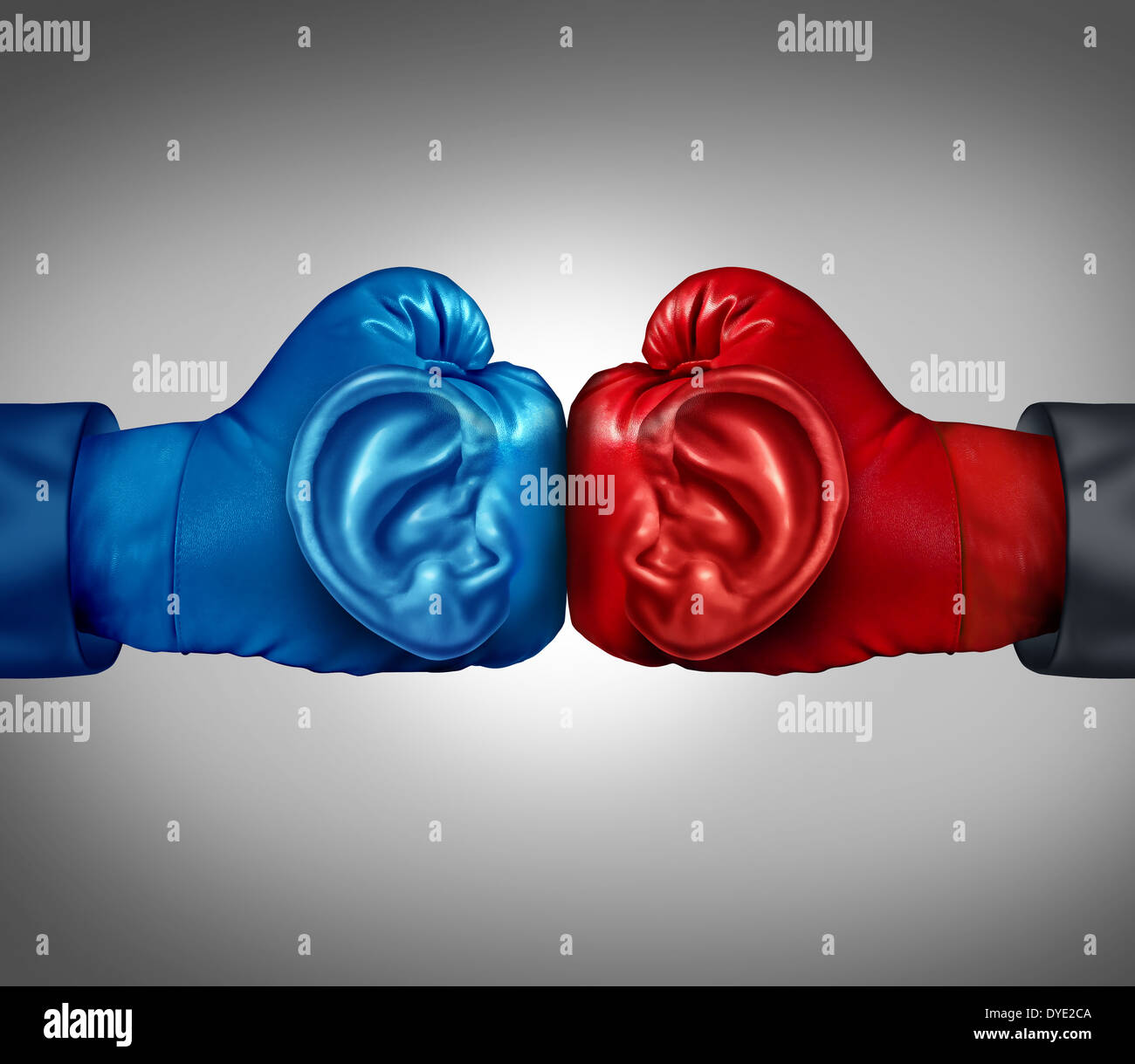 Ascoltare la vostra concorrenza concetto aziendale con un rosso e blu guanto di boxe con un orecchio umano simbolo ascolto e analizing informazioni da un ambiente competitivo come una metafora per la pianificazione tattica e strategia. Foto Stock