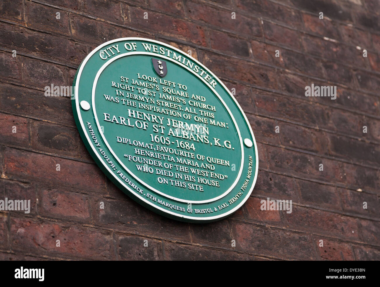 Placca verde, onorando Henry Jermyn, "fondatore del West End' di Londra, Regno Unito Foto Stock