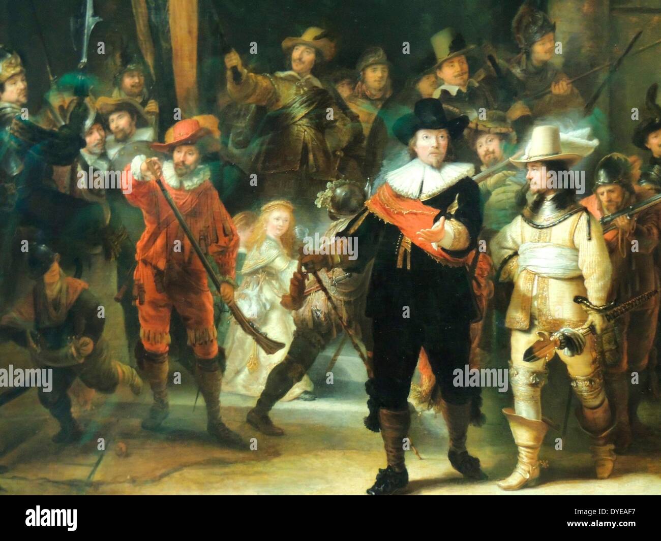 Copia della guardia notturna attribuito a Gerrit Lundens (1622-1686) olio su tela, c 1642-1655. Questo edificio del xvii secolo copia della guardia notturna rivela che la composizione è stata originariamente più grande. Il dipinto è stato abbattuto su tre lati - soprattutto a sinistra - quando è stato spostato nel 1715 dalla grande sala del Kloveniersdoelen all'Amsterdam Town Hall. Si è dovuto inserire tra due porte nella sua nuova posizione. Le strisce di tela che sono state tagliate via non sono stati conservati. Foto Stock