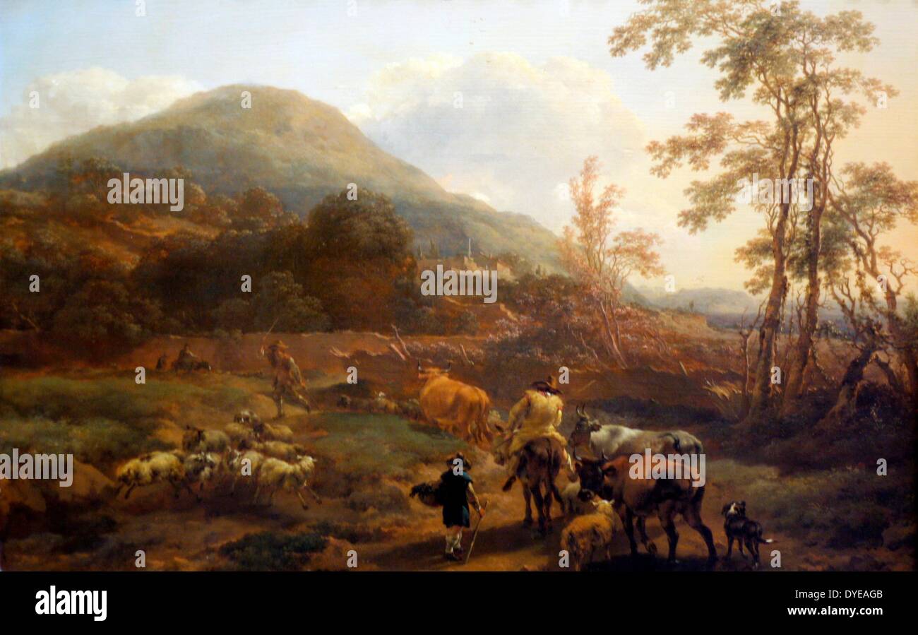 I tre Drovers da Nicolaes Berchem, c1621-1683, olio su tela. Il tardo pomeriggio la luce del sole proietta ombre lunghe sul terreno. Testa di allevatori di casa con il loro bestiame, un pastorello aziona il suo gregge davanti a lui con un bastone. Berchem era un appassionato di motiffs che animano i suoi paesaggi pastorali - motiffs che raccontano una storia come nessun altro artista, egli ha definito l'immagine olandese italiano di vita di paese. Foto Stock