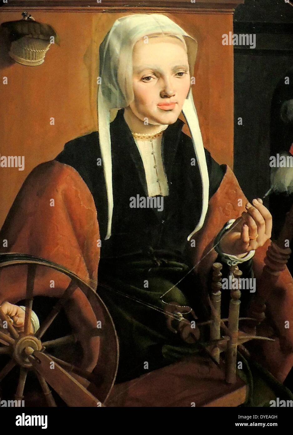 Ritratto di un giovane, eventualmente Anna Codde da Maarten van Heemskerck (1498-1574). Haarlem, 1529, olio su pannello. Una donna è posizionato in corrispondenza di una ruota che gira. Una coppia di ritratti fu probabilmente dipinta per la coppia di innesto o matrimonio. La donna è mostrato come un diligente casalinga. Questi sono due dei più antichi ritratti di cittadini olandesi. Foto Stock