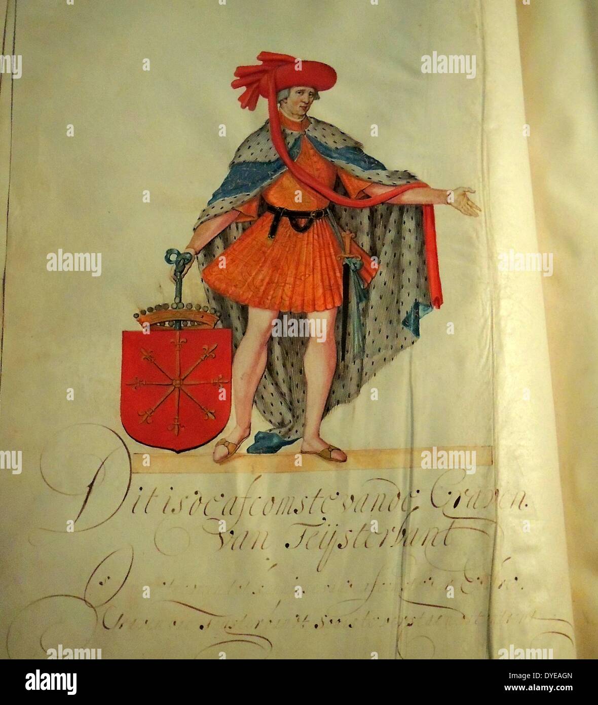 La genealogia dei signori e conta di Cuemberg. Per la cronaca la sua ascendenza Nobel, primo conte di Culemberg, Floris ho commissionato un accesa la genealogia della sua famiglia. Rappresentato in essa sono signori e signore di nobile nascita. 1590 Foto Stock