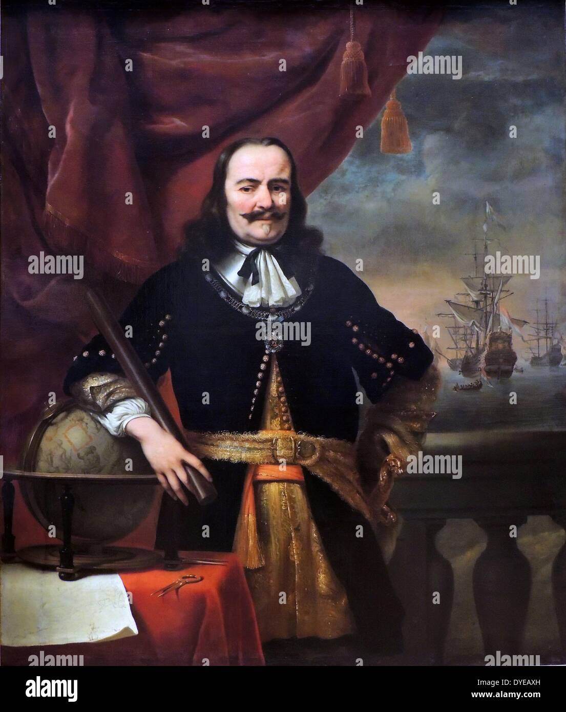 Michiel de Ruyter come Lieutenant-Admiral Ferdinand Bol (1616-1680) olio su tela, 1667. Nel 1667 Ferdinand Bol verniciati più vita-dimensioni ritratti di Michiel de Ruyter. Questi sono stati appesi nella sede centrale di tutti e cinque i admiralties olandese. Questo dipinto è andato a Middelburg, de Ruyter è lo status di eroe ha fatto di lui un uomo potente. Nel ritratto egli è riccamente vestito e tenendo premuto il suo comandante il testimone. Intorno al suo collo indossa l Ordine di San Michele, aggiudicato a lui dal re di Francia. Foto Stock