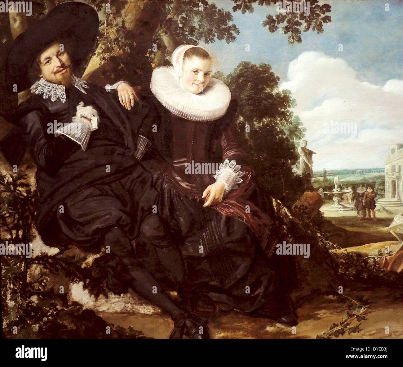 Ritratto di un giovane, probabilmente Isacco Abrahamsz Massa e Beatrice van der Laen da Frans Hals (c. 1582-1666) olio su tela, c 1622. Questa felice, sorridente coppia siede comodamente vicino all'altra. Ponendo un giovane insieme in questo modo era molto inusuale al momento. Esso può essere stato promosso dal sitter' amicizia con il pittore e occasione per la commissione - il loro matrimonio in aprile 1622. Il dipinto così contiene riferimenti all amore e devozione, come il giardino di amore a destra e a sinistra un eryngium thistle, noto in olandese come 'mannentrouw', o maschio di fedeltà. Foto Stock