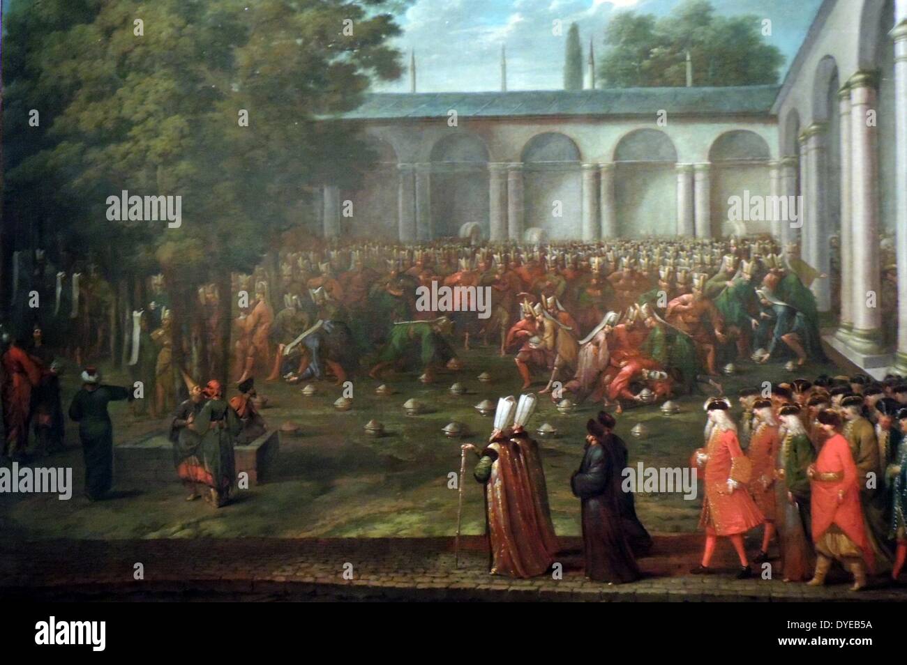 Calkoen Cornelio sul suo modo al suo pubblico con il Sultano Ahmed III da Jean Baptiste Vanmour (1671-1737) olio su tela, c 1727-1730. Calkoen udienza con il Sultano Ahmed III ha avuto luogo il 14 settembre 1727 e ha seguito un protocollo rigoroso. Qui possiamo vedere il corteo, disarmati secondo la convenzione, di entrare nel secondo cortile del Palazzo Topkapi. Gli spettatori sono stati sempre tenuto il giorno che il janissaries, elite forza da combattimento, ha ricevuto la loro retribuzione. Proprio come Calkoen entra, i soldati lunge clamorosamente a piatti a base di riso. Foto Stock