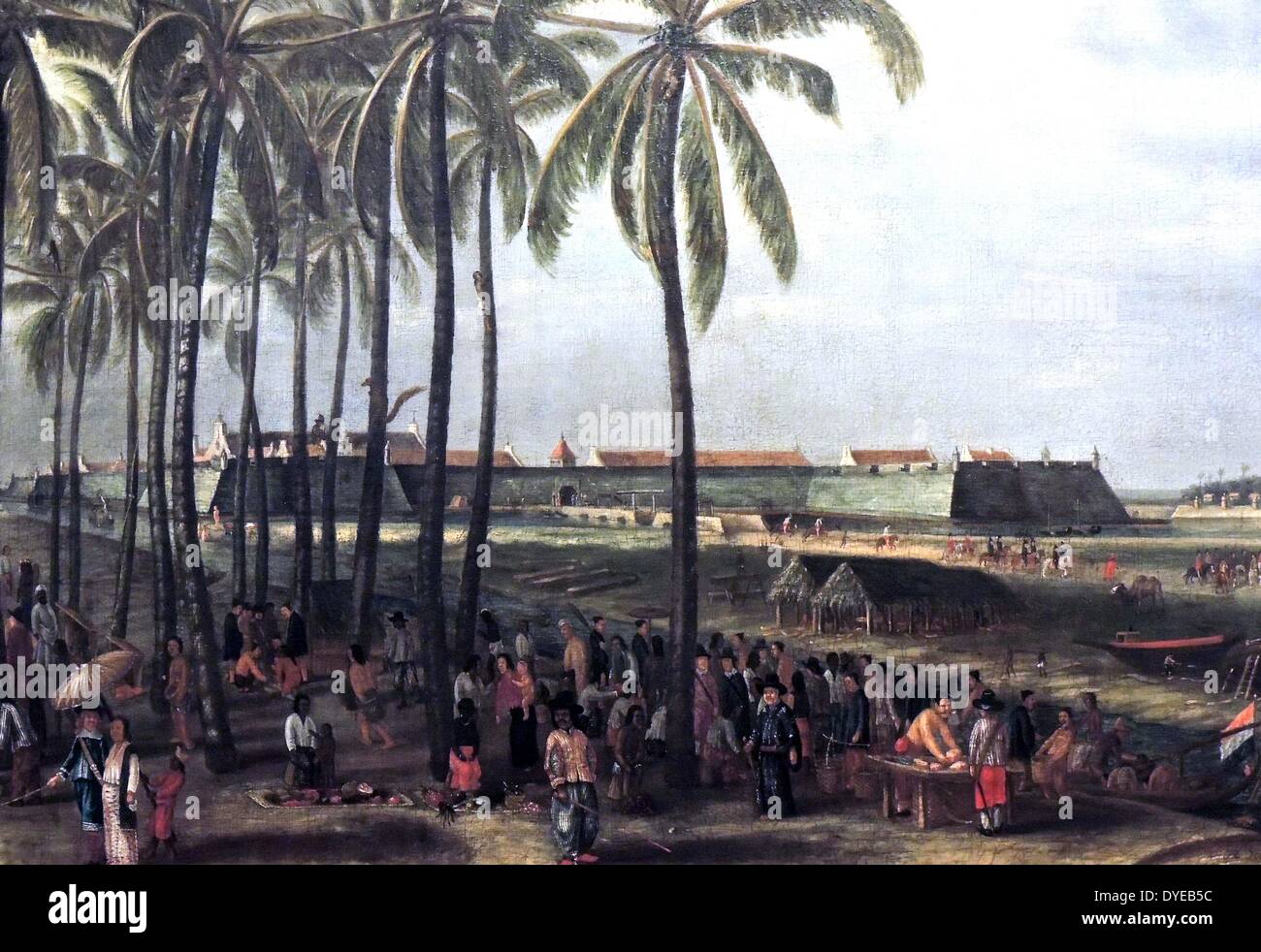 Il castello di Batavia da Andries Beeckman (?-1664) olio su tela, 1661. Il mercato di Batavia, con la Fortezza Olandese di East India Company in background. Ci sono Giavanese per la vendita di frutta, Chinaman la vendita del pesce e Mollucans calci una palla di rattan. Il mercato include pubblica giapponese, indonesiani, gli schiavi liberati riconoscibili dalle loro vestiti a strisce) e un Dutch-Indonesian giovane con i suoi schiavi che trasportano un ombrellone. Il dipinto appeso in sala di montaggio del Oost-Indisch Huis in Amsterdam. Foto Stock