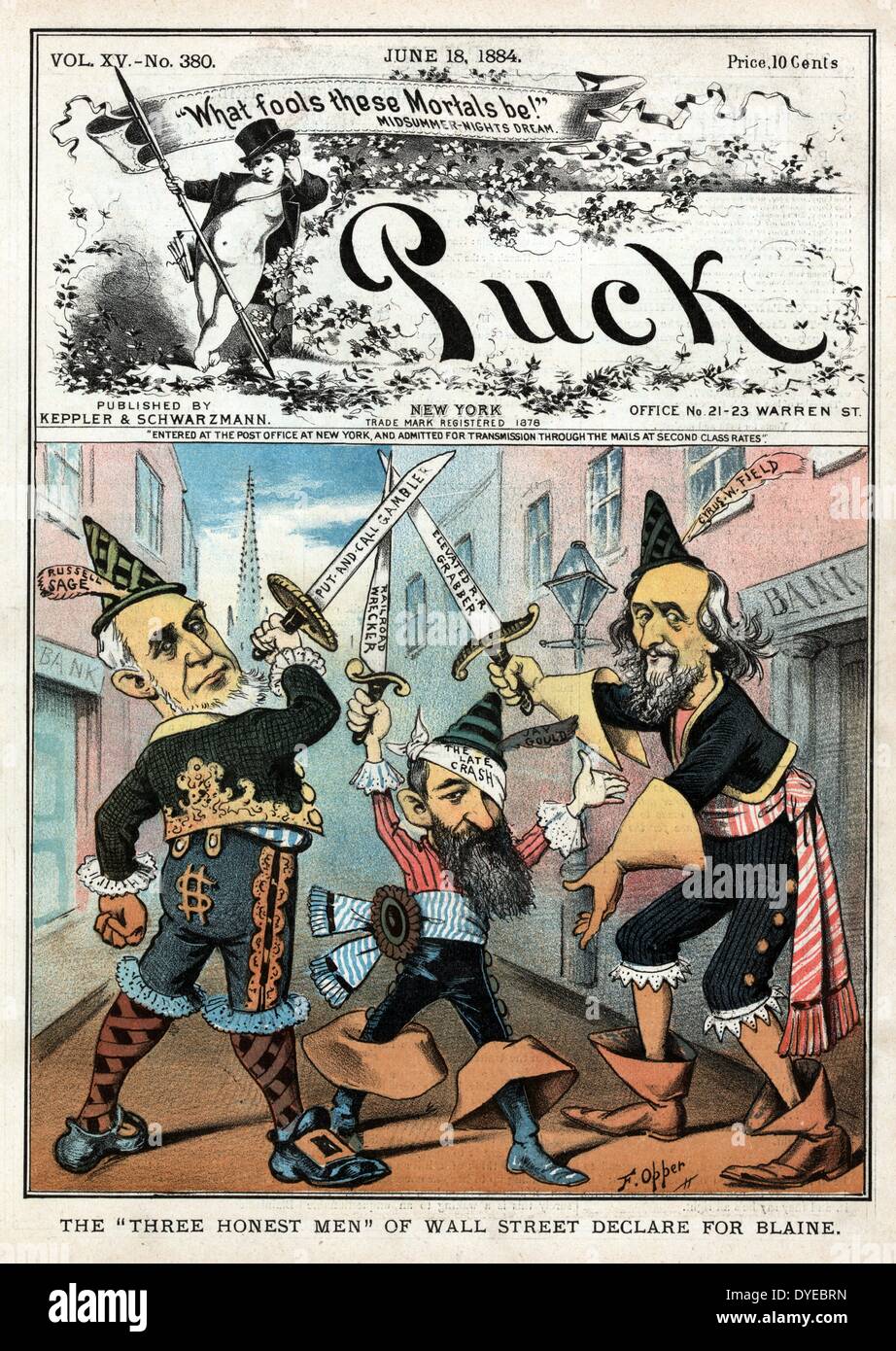 Illustrazione mostra Russell Sage, Jay Gould, e cyrus W. campo come i tre moschettieri permanente sulla Wall Street con le loro spade sollevate a sostegno di James G. Blaine come il candidato presidenziale repubblicano; Salvia la spada viene etichettato come "Put-e-Call giocatore', Gould la spada viene etichettato come "Railroad Wrecker", e del campo di spada viene etichettato come "elevata R.R. Grabber". Foto Stock