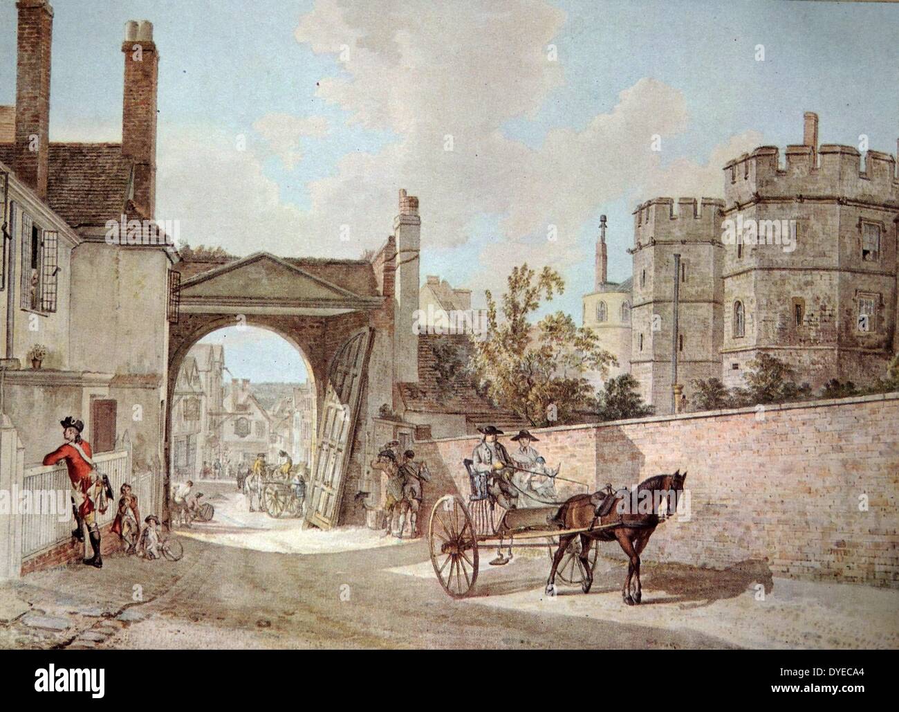 Paesaggio di pittura ad acquerello intitolato "Queen Elizabeth's Gateway". Il dipinto raffigura un gateway aperto e il Castello di Windsor in background. Da Paul Sandby (1731 - 1809) Inglese acquerellista e paesaggista. Datata 1761 Foto Stock