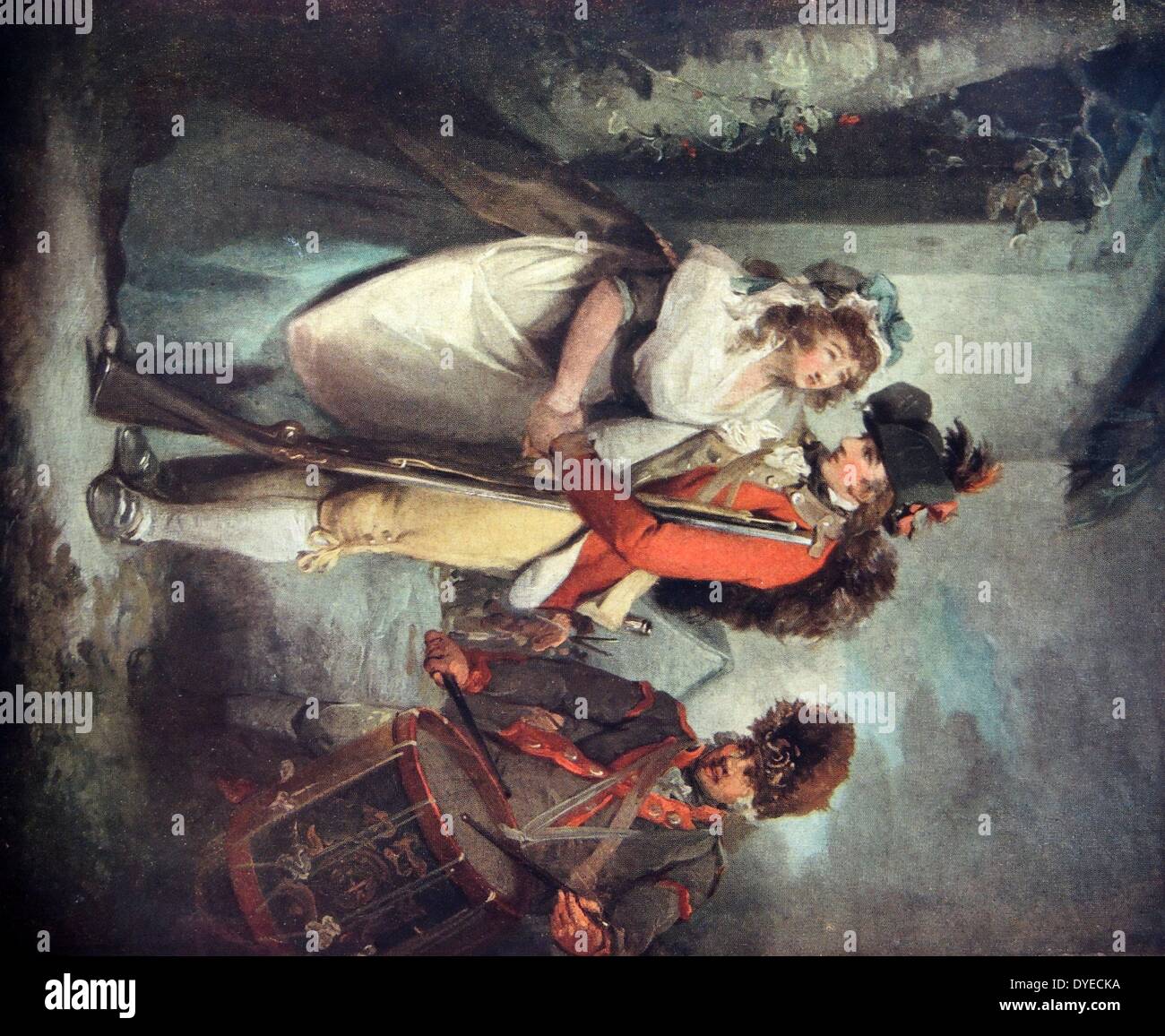 La pittura ad acquerello intitolato "oldier partenza dell' raffigura un marito e una moglie dicendo loro addii come egli lascia per la guerra nella sua uniforme militare. Un batterista è visto accanto al giovane. Da George Morland (1763 - 1804) Il pittore inglese di animali e scene rustiche. Datata 1791 Foto Stock