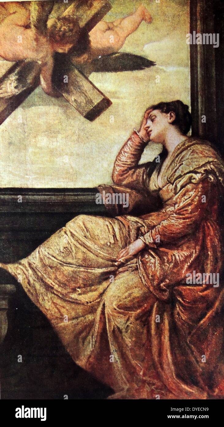 La pittura ad olio raffigurante Sant'Elena avente una visione, portando così alla invenzione della croce. Da Giovanni Battista Zelotti (1526 - 1578), pittore italiano del periodo rinascimentale. Datata XVI Secolo Foto Stock
