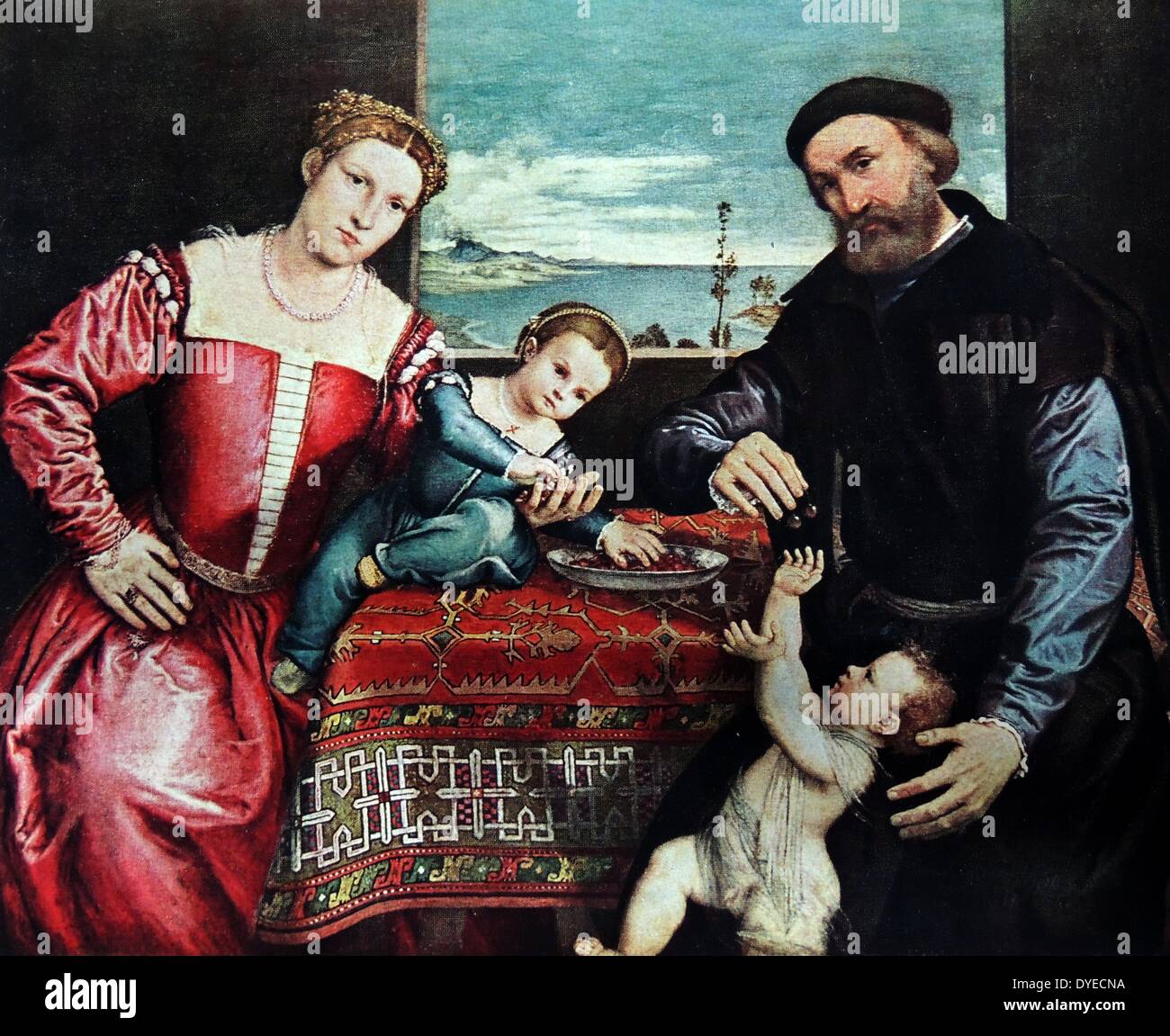 La verniciatura di una nobile famiglia seduti attorno a un tavolo con una vista del mare visibile attraverso la finestra. Di Lorenzo Lotto (1480 - 1557) Nord Italiano pittore, disegnatore, Illustrator e membro della Scuola Veneziana. Datata 1512. Foto Stock