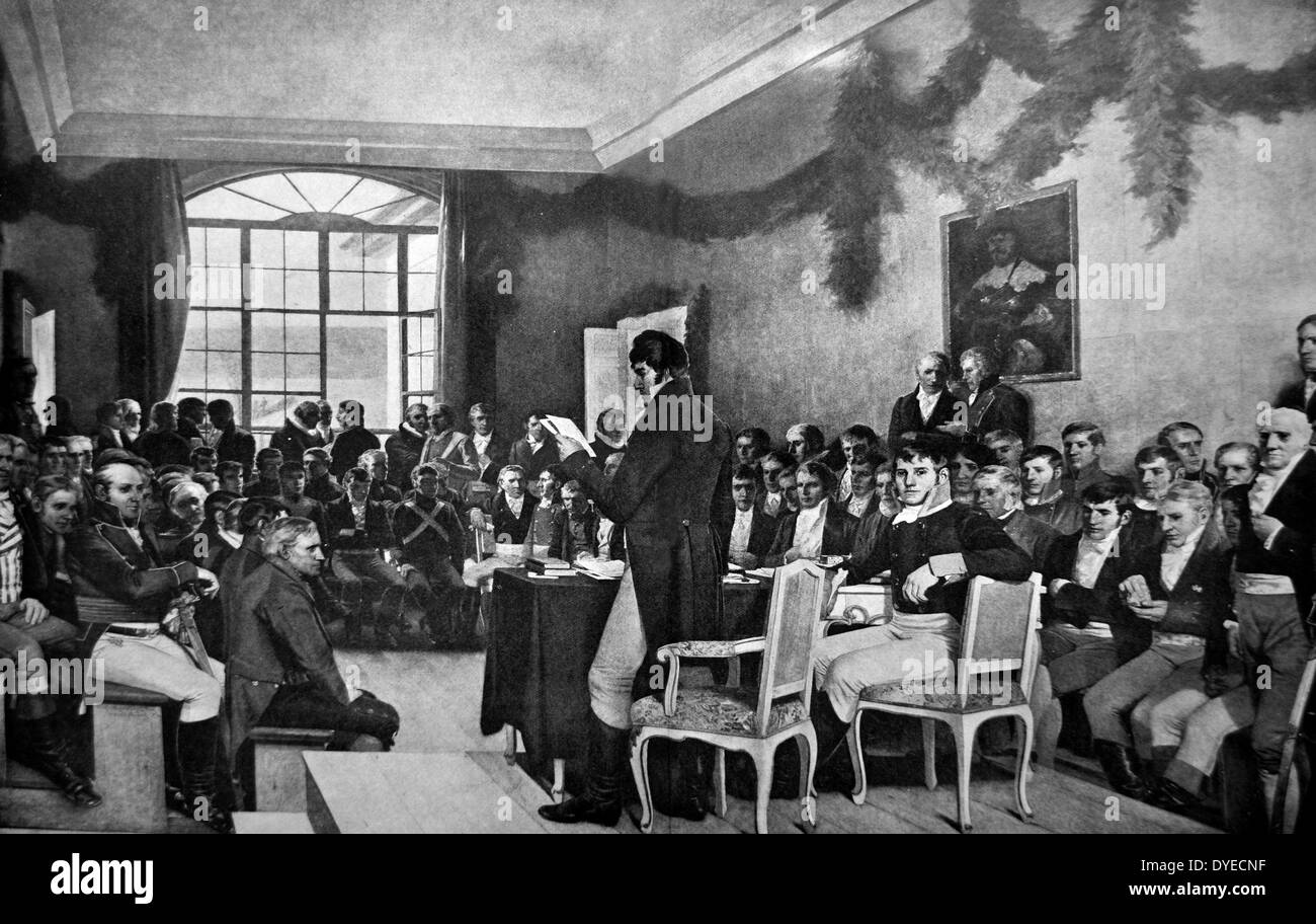 La pittura di Oscar Wegeland (1844 - 1910) dell'Assemblea Nazionale a Eidsvoll nella primavera del 1814. L'Assemblea nazionale era composta di rappresentanti eletti in tutto il sud e il nord della Norvegia ai lavori sulla Costituzione. Foto Stock