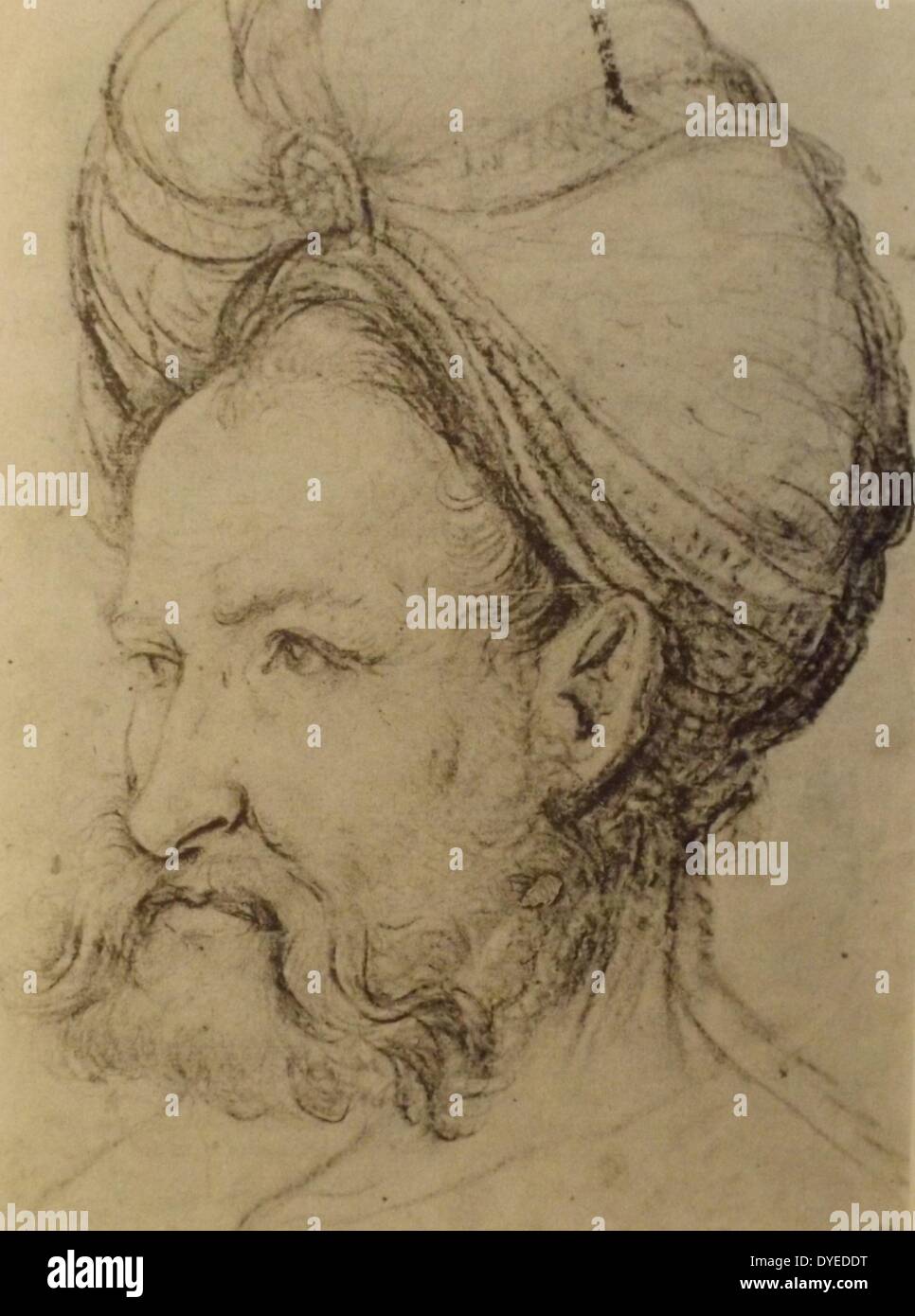Testa di un uomo barbuto che indossa un turbante. Da Hans Burgkmaier (1473 - 1531), pittore tedesco e la xilografia printmaker. Datata xv secolo Foto Stock