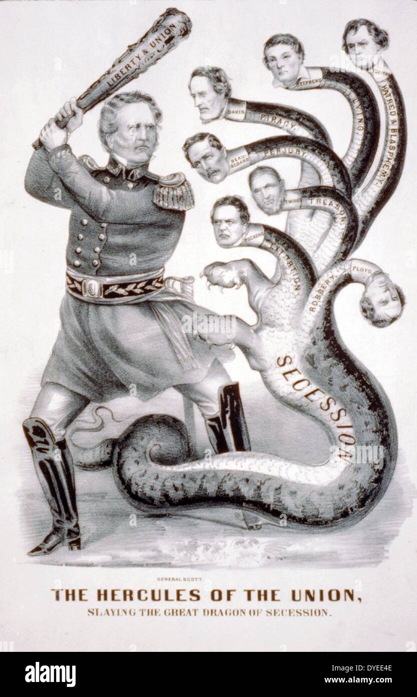 La Hercules dell'Unione, che uccide il grande drago di secessione 1861. Currier e Ives. Foto Stock