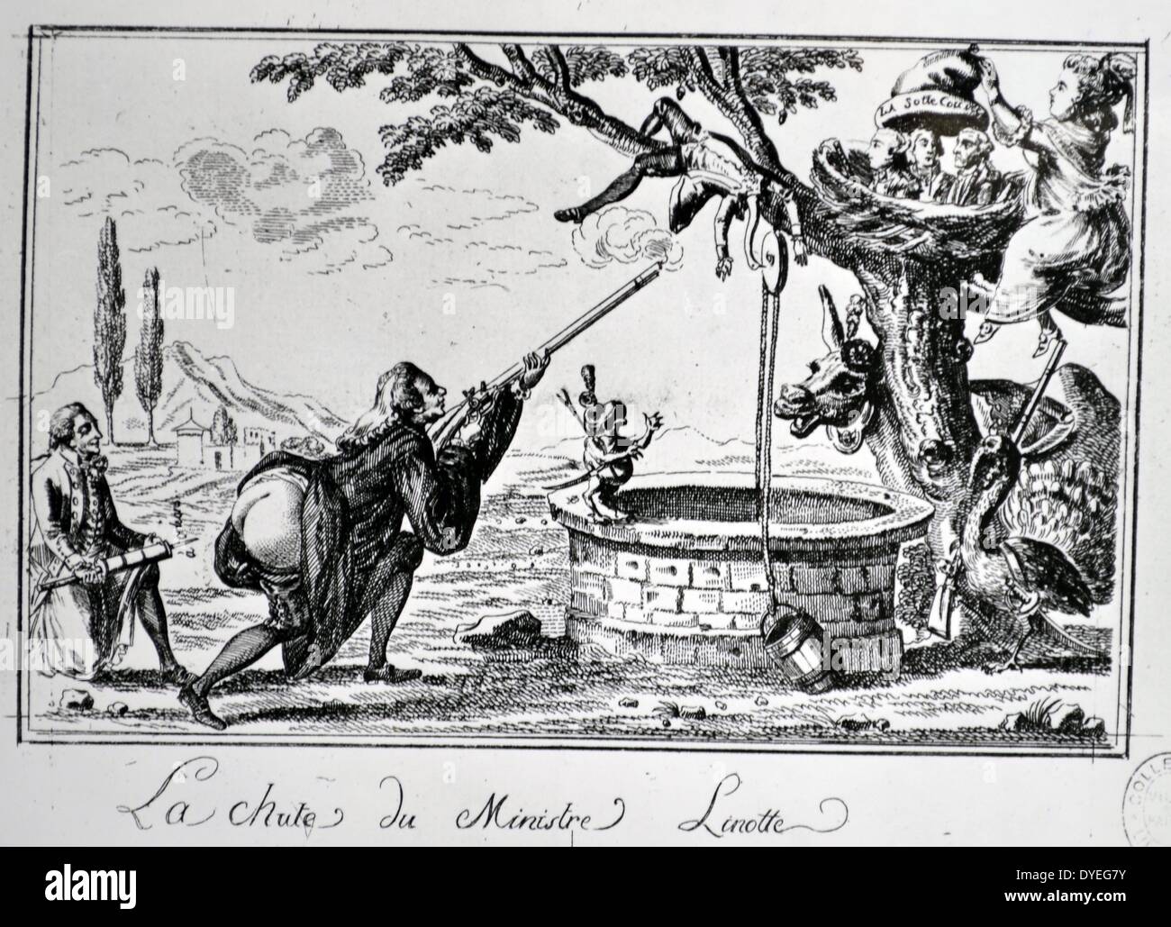 La caduta del ministero linotte 1789 cartoon sulla rivoluzione francese. Madame de Staël. Anne Louise Germaine de Staël-Holstein (francese: [stal]; 22 aprile 1766 - 14 luglio 1817), comunemente nota come Madame de Staël, era una donna francese di lettere di origine svizzera la cui durata sovrapposti con gli eventi della Rivoluzione francese e il periodo napoleonico. Foto Stock
