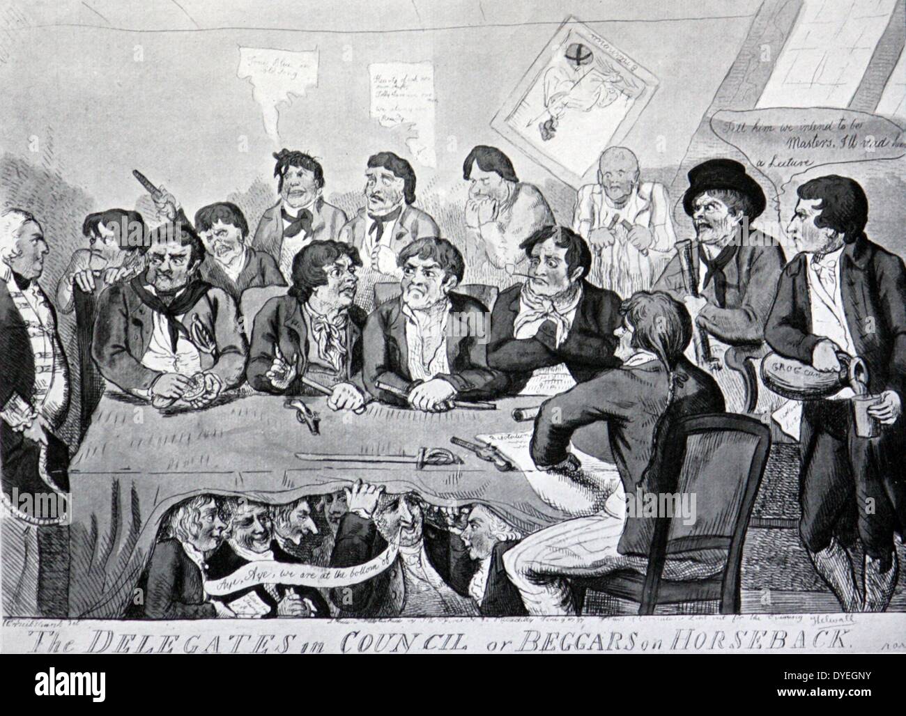 Il mutiny a Nore - una caricatura contemporanea - incisione da un disegno di Cruikshank, pubblicato 1797. Il Spithead e mutinies Nore sono state due grandi mutinies da marinai della Royal Navy. Foto Stock