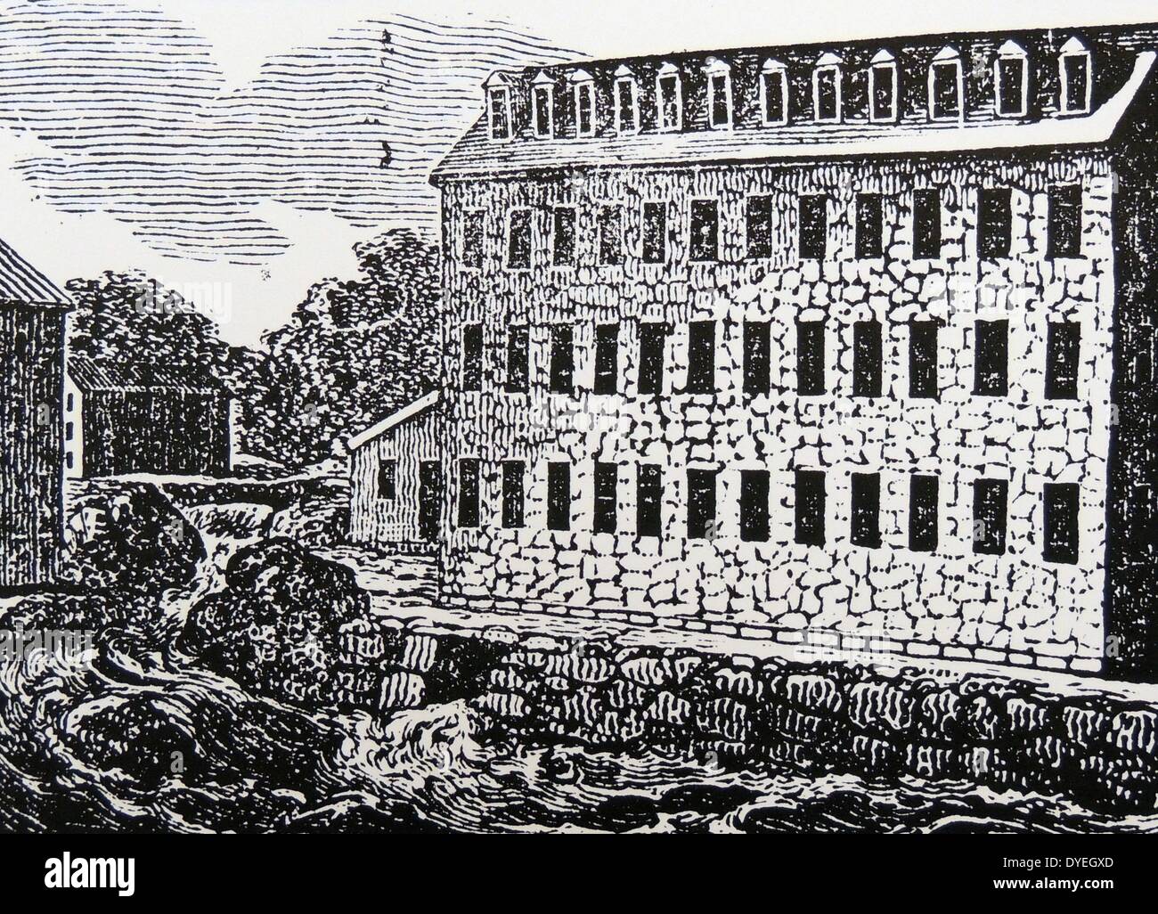 Cotonificio costruito sulla banca del Merrimack a Lowell, Massachusetts, STATI UNITI D'AMERICA. Xilografia, Boston, 1833. Foto Stock