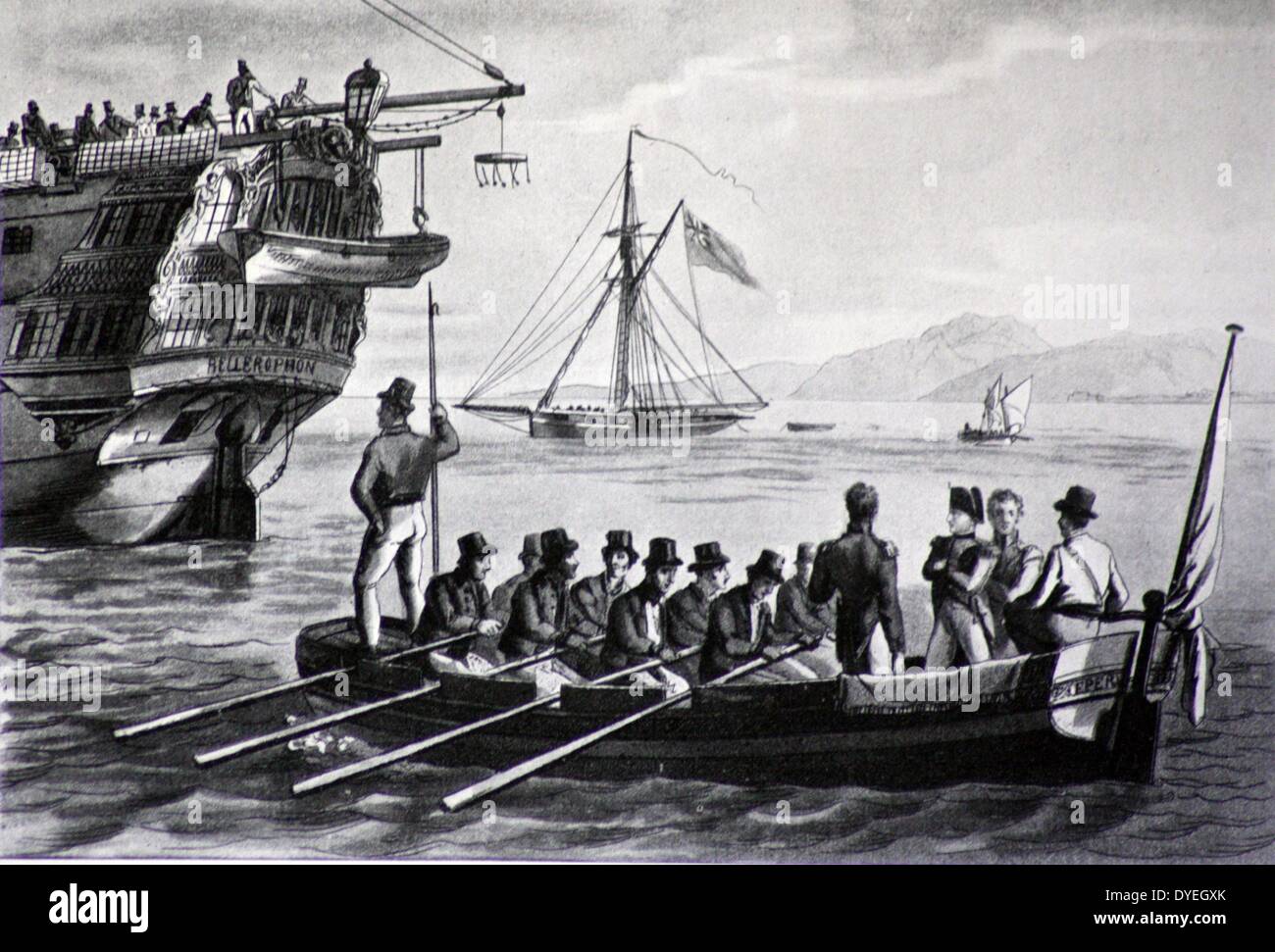 Napoleone andando a bordo del 'Bellerophon' a Rochefort. HMS Bellerophon fu una pistola 74 un terzo dei tassi di nave di linea della Royal Navy. Lanciato nel 1786, ha servito durante la Rivoluzione Francese e le guerre napoleoniche, principalmente sui blocchi o la scorta dei convogli dazi. Foto Stock
