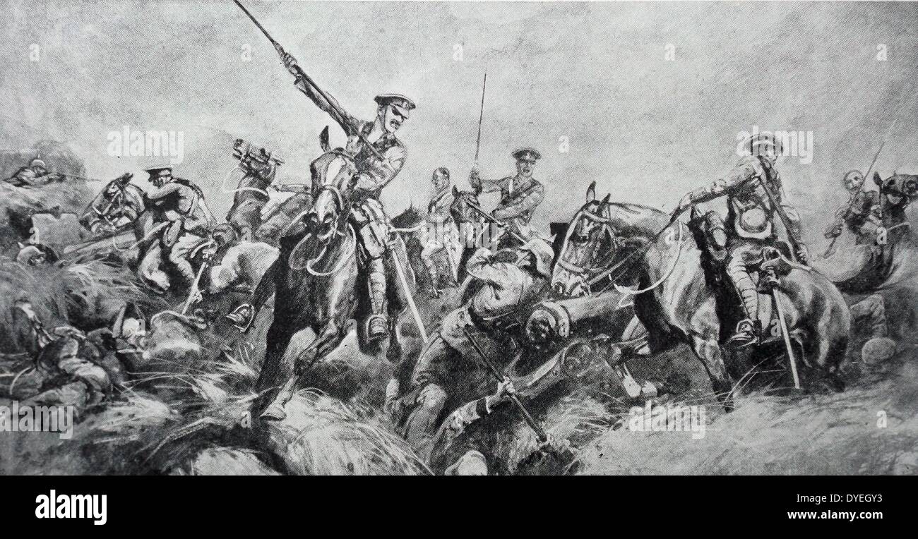 Il British forza expeditionary lancieri (cavalleria) carica di posizioni dei tedeschi a Cateau, Belgio la battaglia di Le Cateau fu combattuta il 26 agosto 1914, dopo che il governo britannico e francese si ritirò dalla battaglia di Mons e aveva impostato le posizioni difensive in un ritiro di combattimento contro il tedesco anticipo a Le Cateau-Cambrésis. La prima guerra mondiale. Agosto 1914 Foto Stock