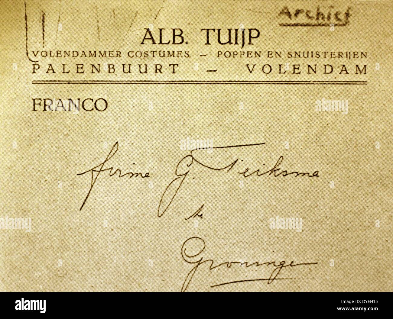 II guerra mondiale - una cartolina contenente un indirizzo fittizio e il nome utilizzato dalla resistenza olandese per la trasmissione di "La Scintilla" (De L' ATTRICE) nel periodo da dicembre 1940 alla primavera 1941. Foto Stock